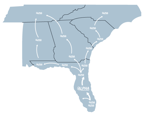Illustration of the map of the southeast United States with arrows pointing from our Orlando hum to the locations we service.